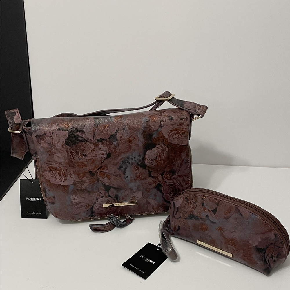 Floral faux   Leather Embossed Brown Crossbody Bag with Cosmetic Pouch